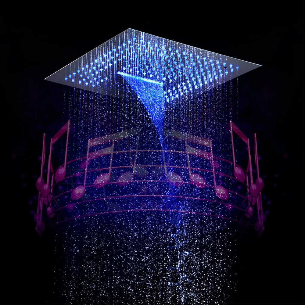 16-Inch Matte Black Thermostatic Shower Faucet: Flush-Mounted, 64-Color LED Lighting, Bluetooth Music, 4-Way Control, and 4-Inch Body Jet Features - Image 3