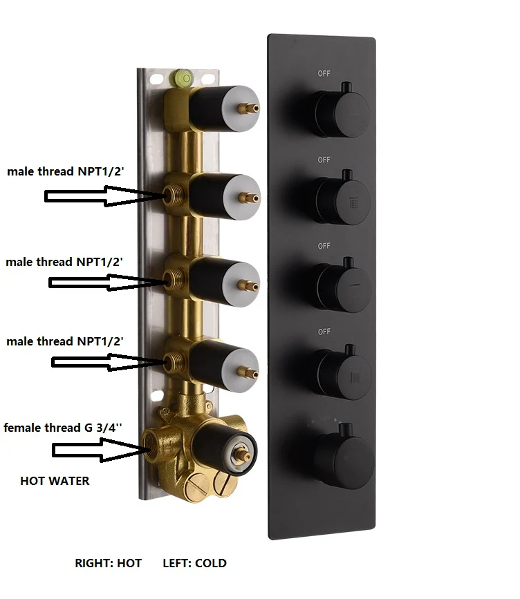 20'' Or 24'' Matte Black 4-Way Thermostatic Shower Faucet with Body Jets - Image 5