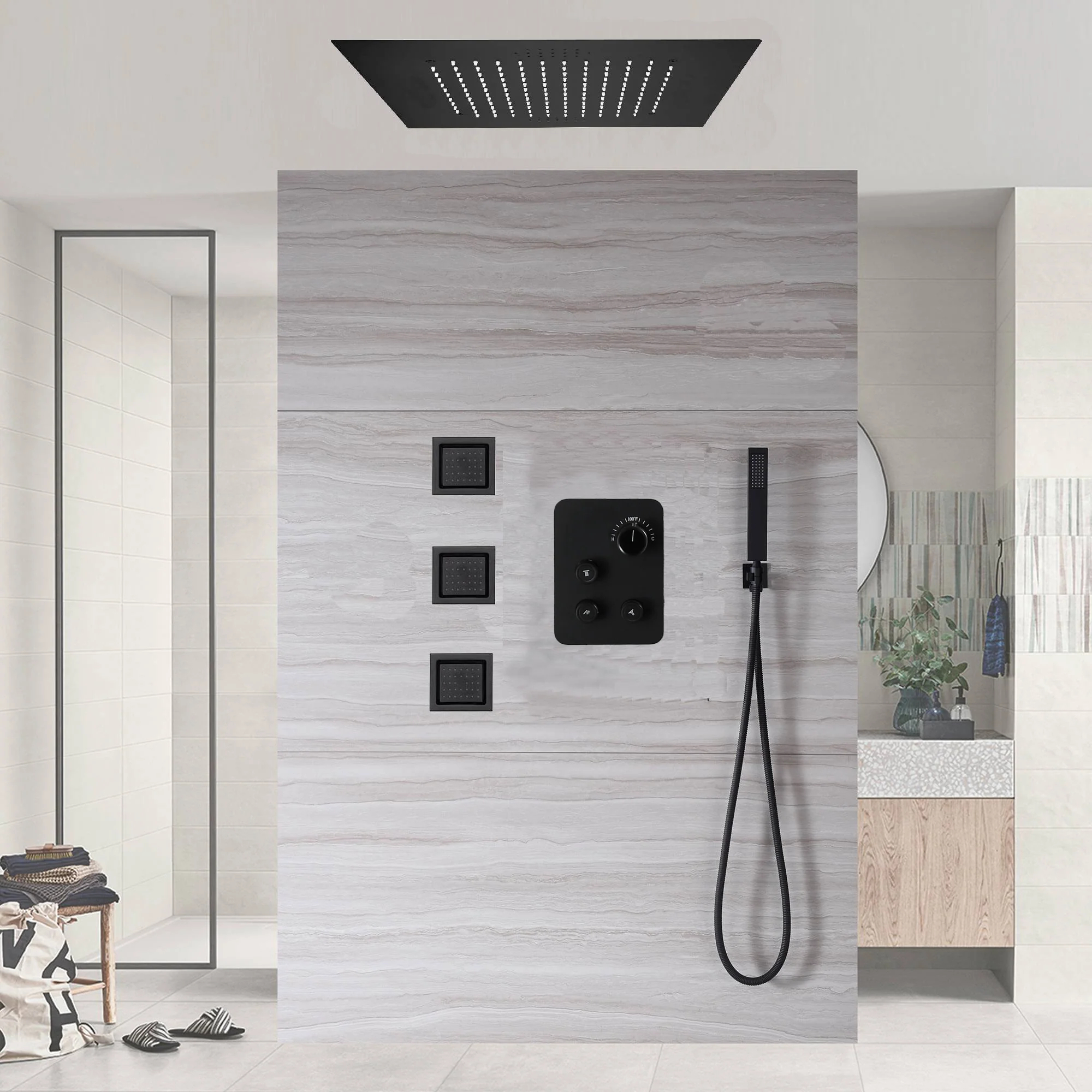 20inch LED Rainfall matte black 3 way digital thermostatic shower faucet with Body jets - Image 4