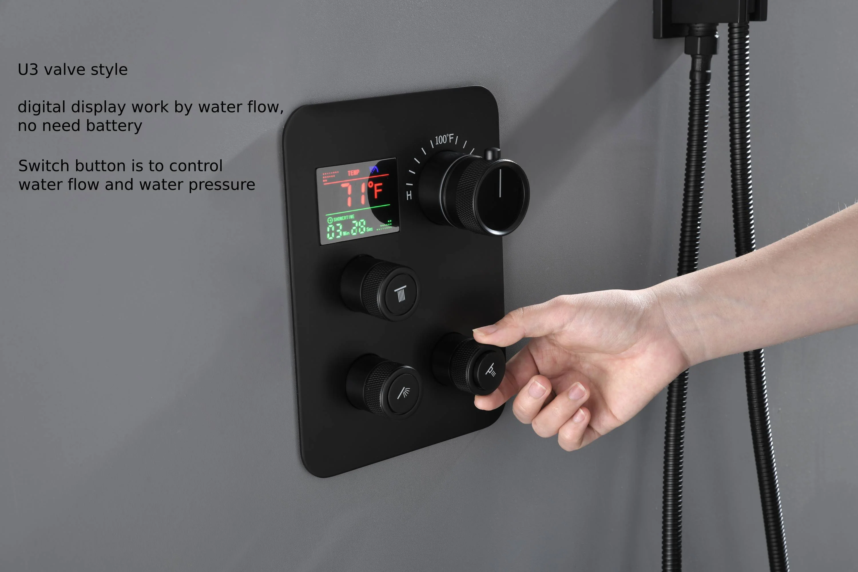 22" Matte Black Rainfall/Waterfall Shower Head with 3-Way Thermostatic Faucet, Optional LED - Image 11