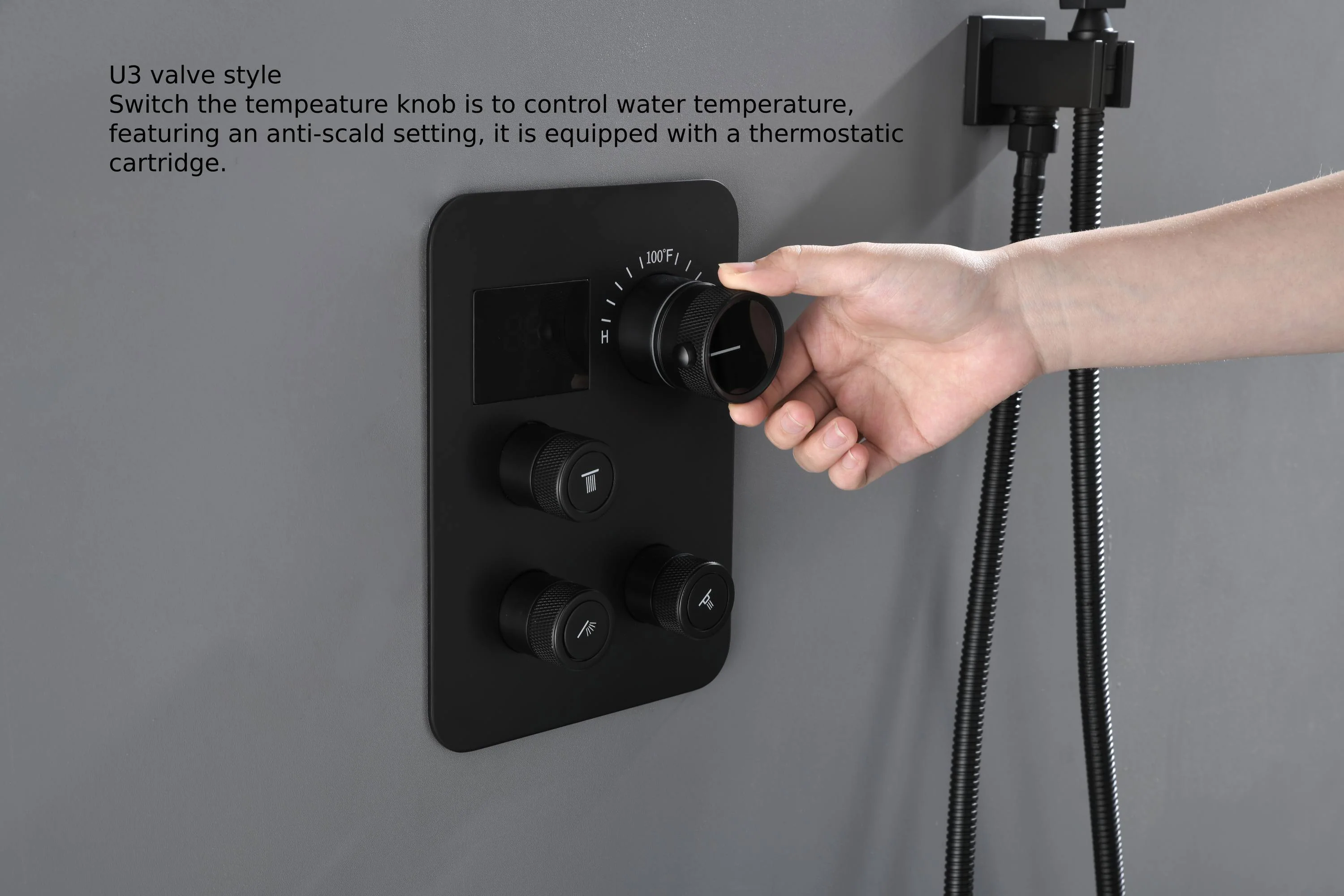 22" Matte Black Rainfall/Waterfall Shower Head with 3-Way Thermostatic Faucet, Optional LED - Image 12