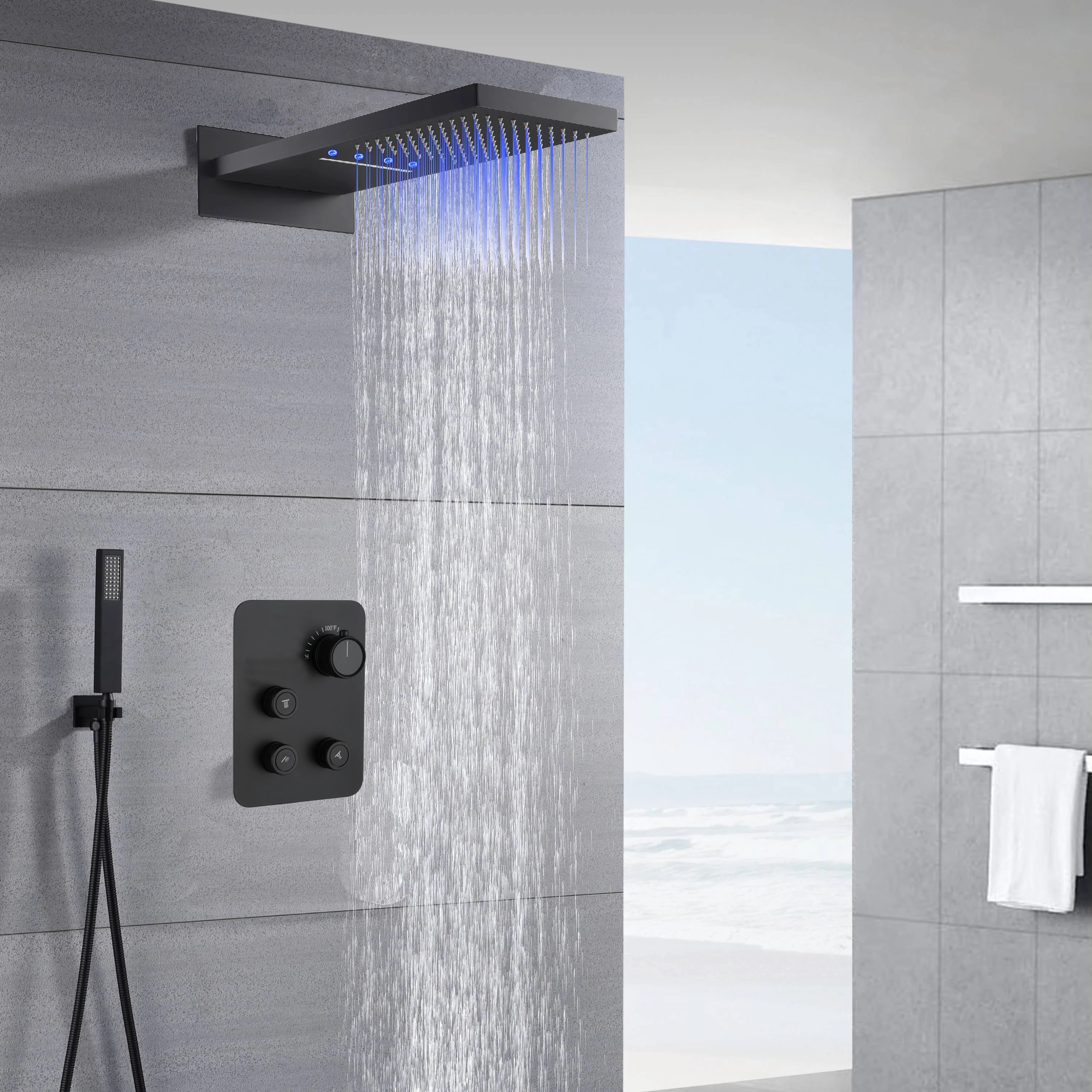 22" Matte Black Rainfall/Waterfall Shower Head with 3-Way Thermostatic Faucet, Optional LED - Image 3