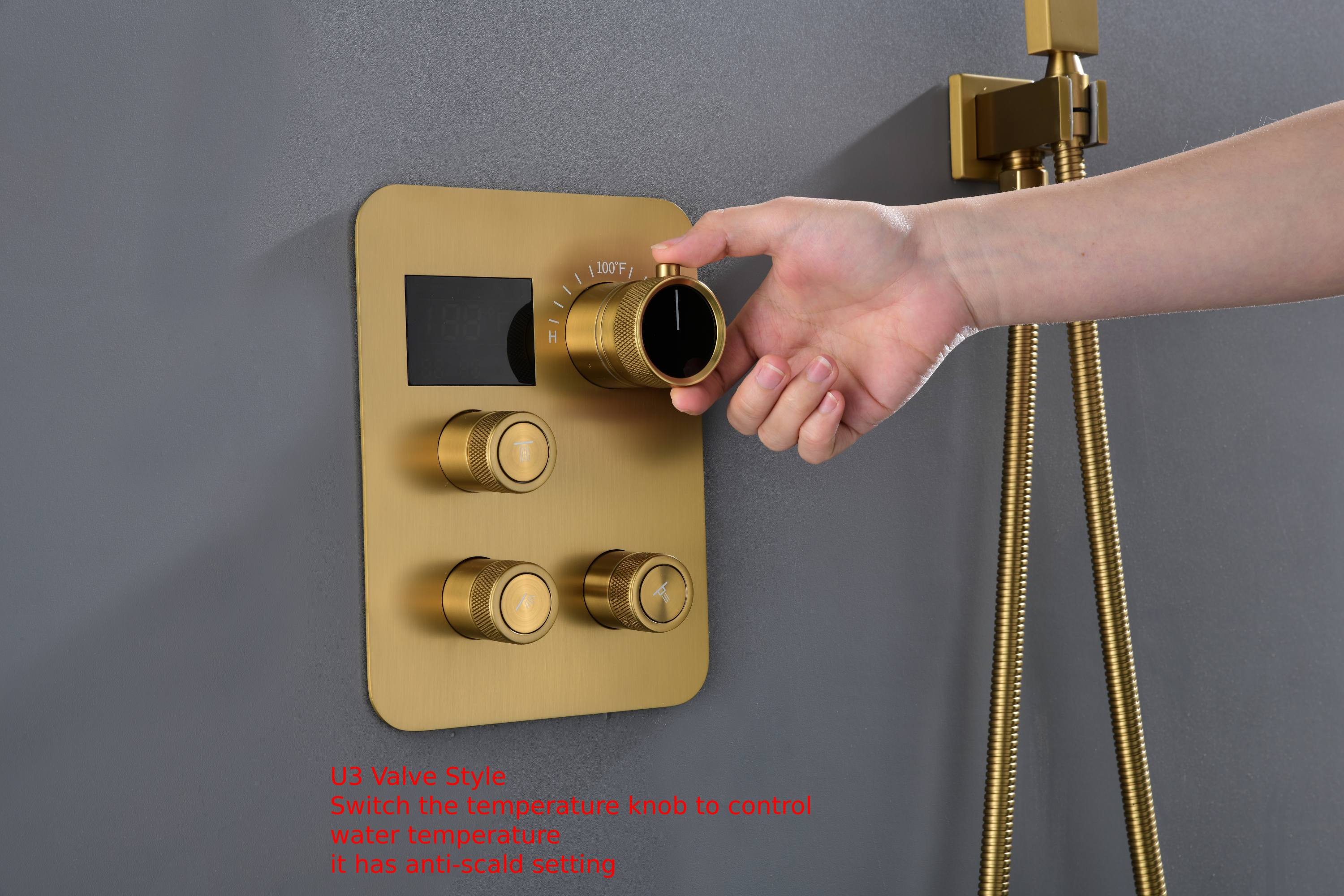 22-Inch Brushed Gold 3 Way Thermostatic Shower Faucet System with Rainfall and Waterfall - Image 11