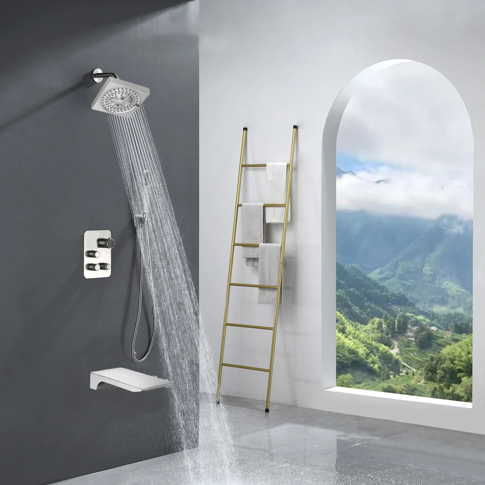 Brushed nickel Regular shower head 3 functions Thermostatic Mixer System  Shower Faucet Set Tub Spout Bath - Image 10