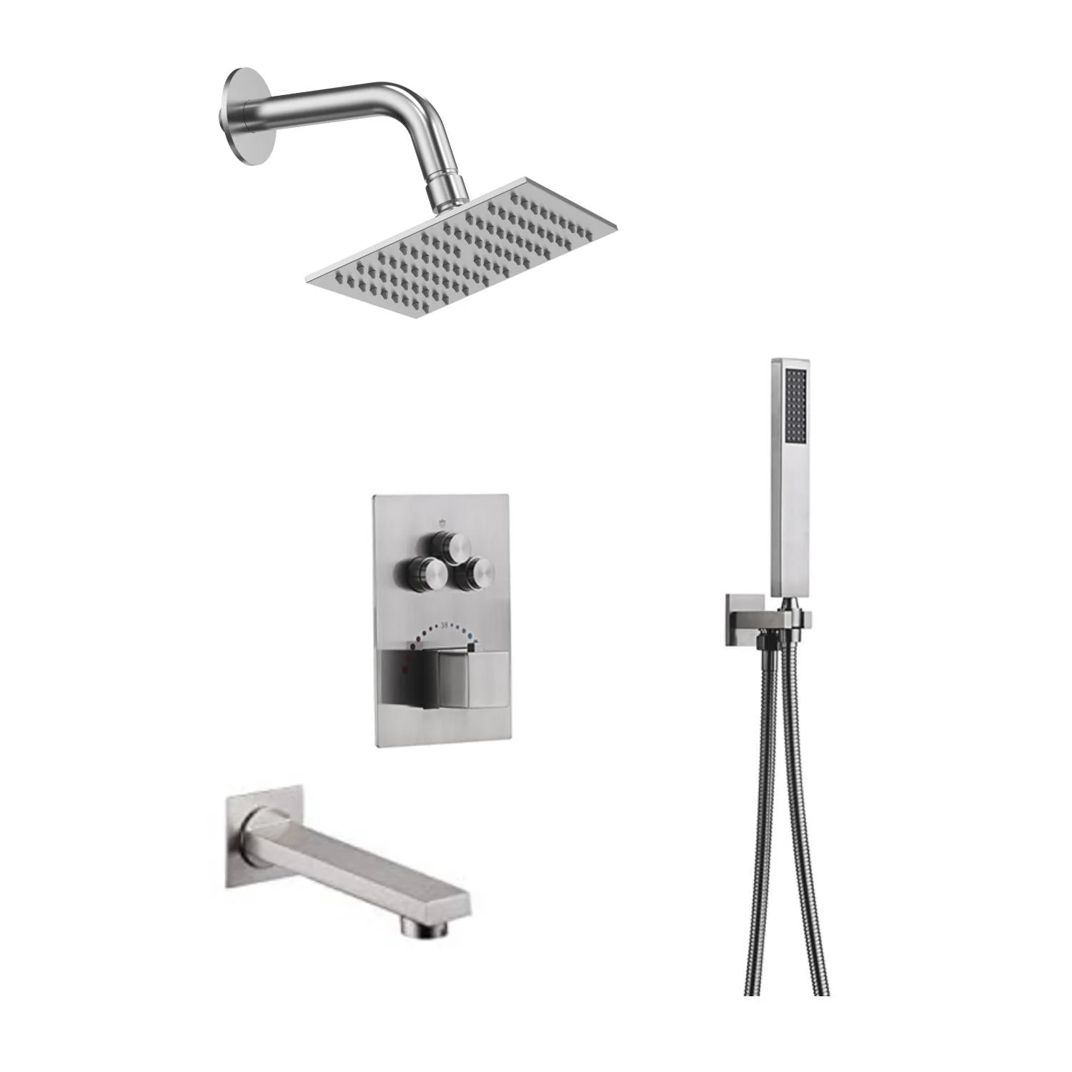 Brushed nickel Regular shower head 3 functions Thermostatic Mixer System  Shower Faucet Set Tub Spout Bath - Image 19