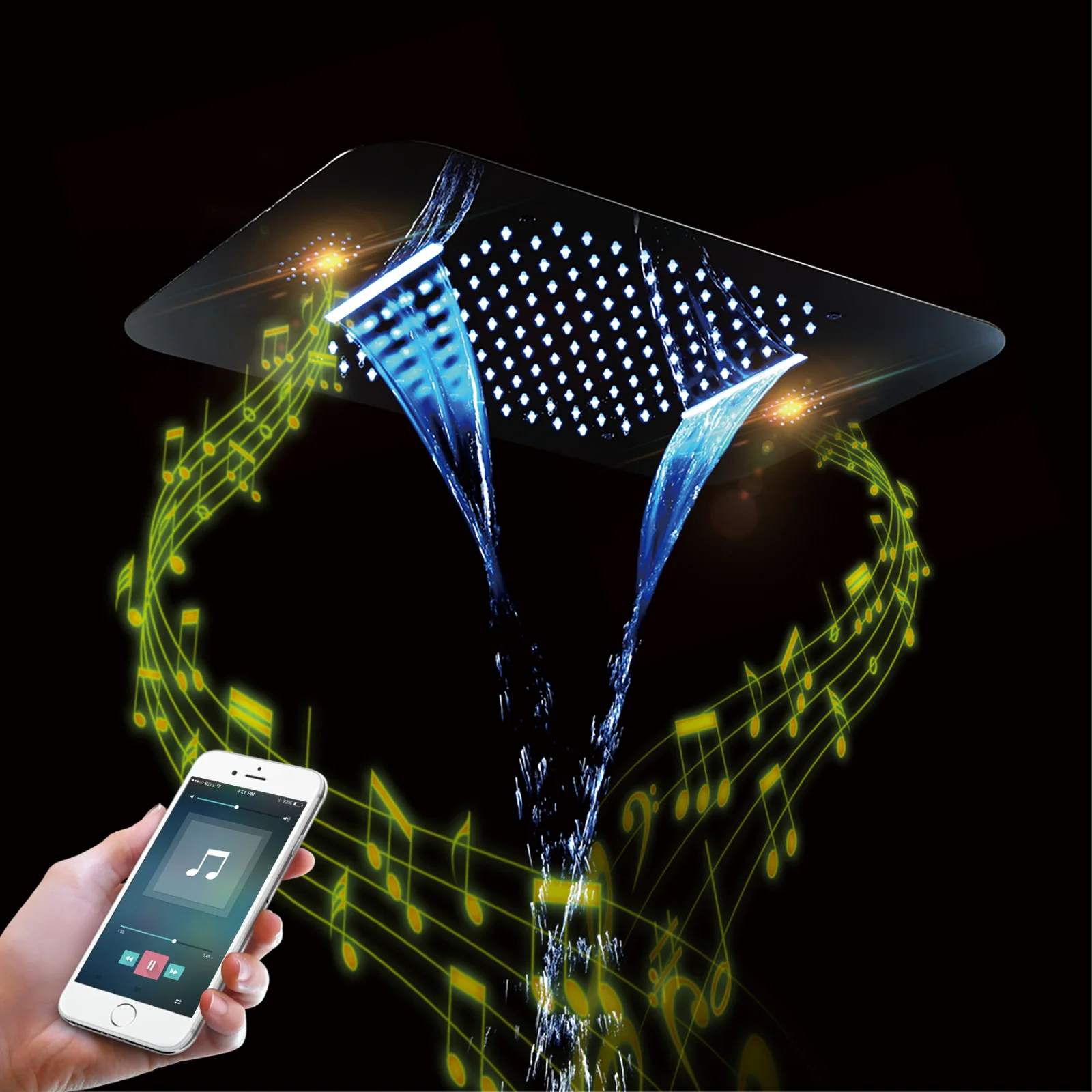 64 LED colors chrome music led flushed in 23x15inch shower head 4 way thermostatic valve that each function run at the same time and separately - Image 10
