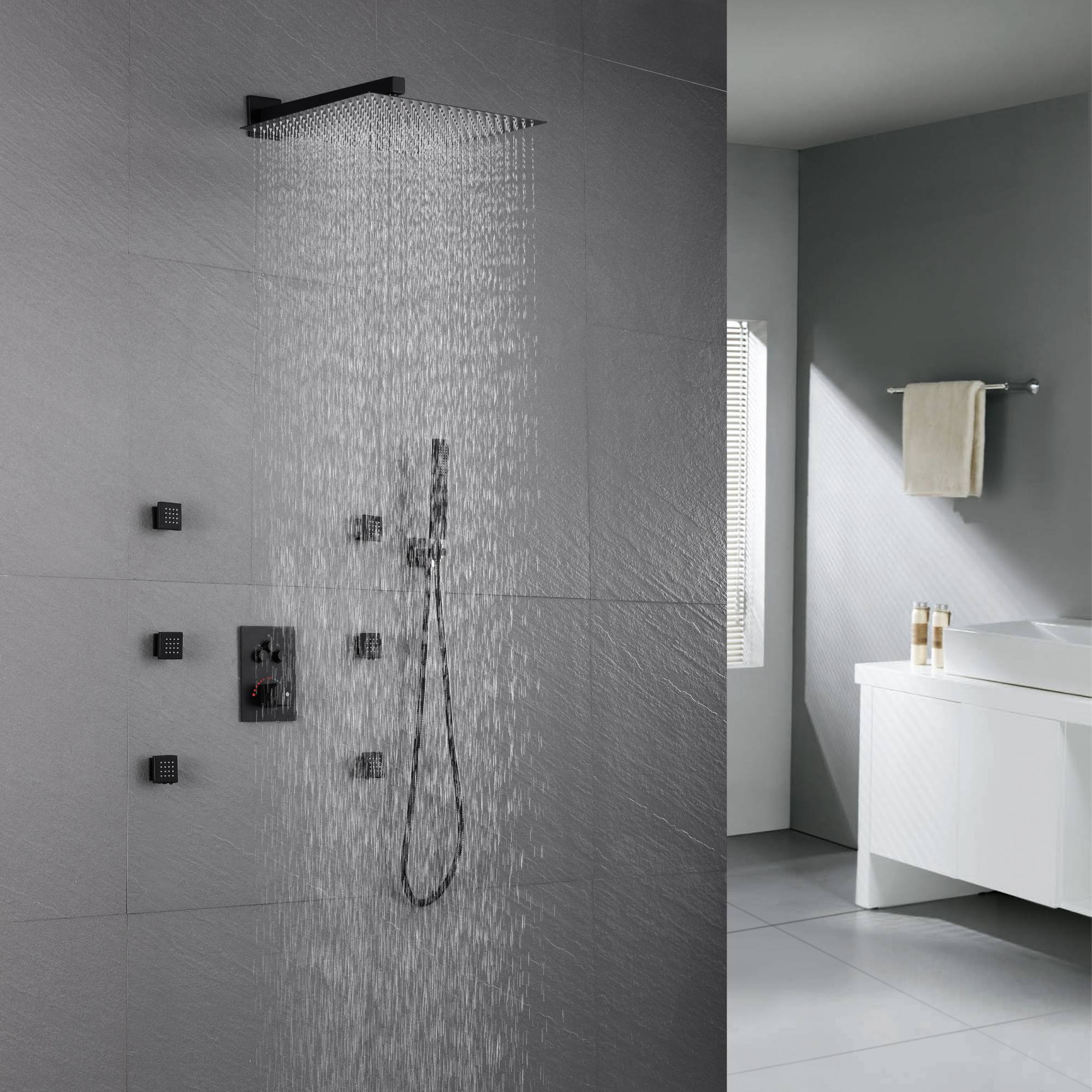 3-Way Matte Black Wall-Mounted Thermostatic Shower System with 12'' or 16'' Rain Head or 6 inch regular headOptional LED Light - Image 9