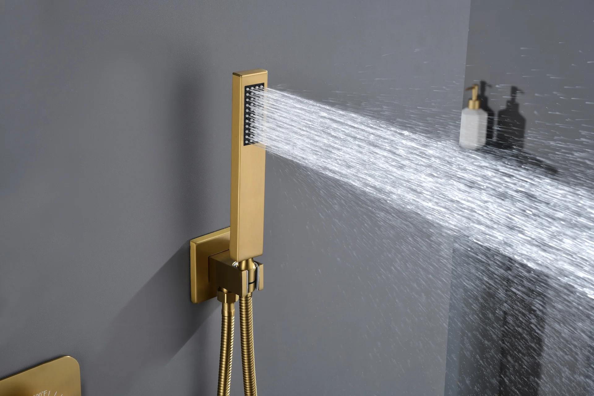 Brushed Gold 12'' or 16'' Ceiling-Mounted 3-Way Shower System with Body Jets - Image 5