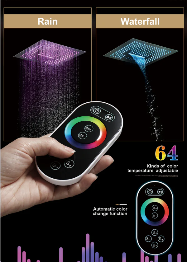 Chrome 16-Inch Flushed Mount Shower Head: Rainfall, Waterfall, 64 LED Lights, and Bluetooth Music - Image 6