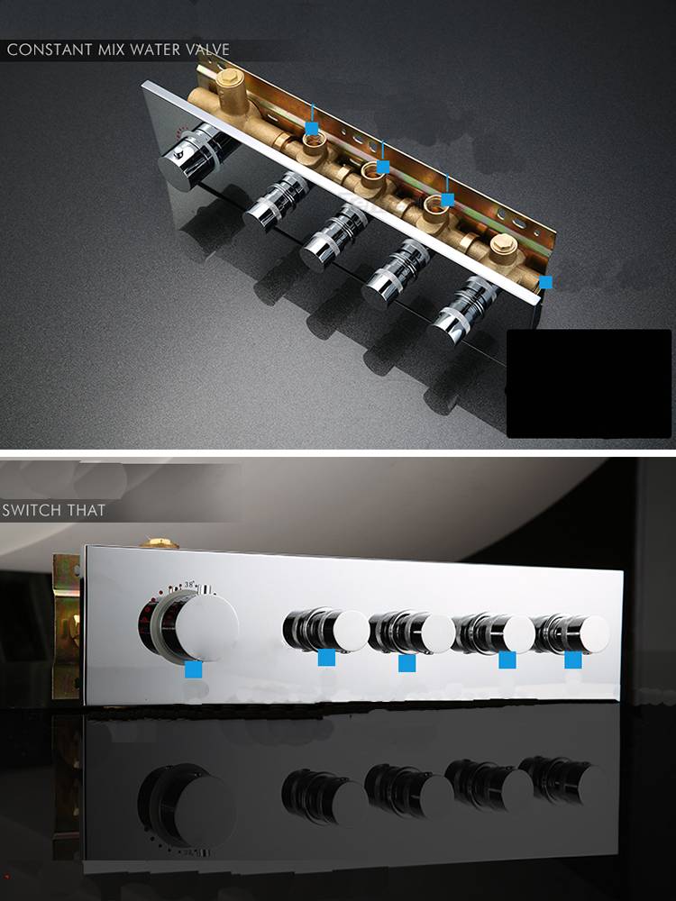 16-Inch Chrome Thermostatic Shower Faucet: 4-Way Control, Flush-Mounted, 64-Color LED Lighting, Bluetooth Music, and Six Body Jets Features - Image 9