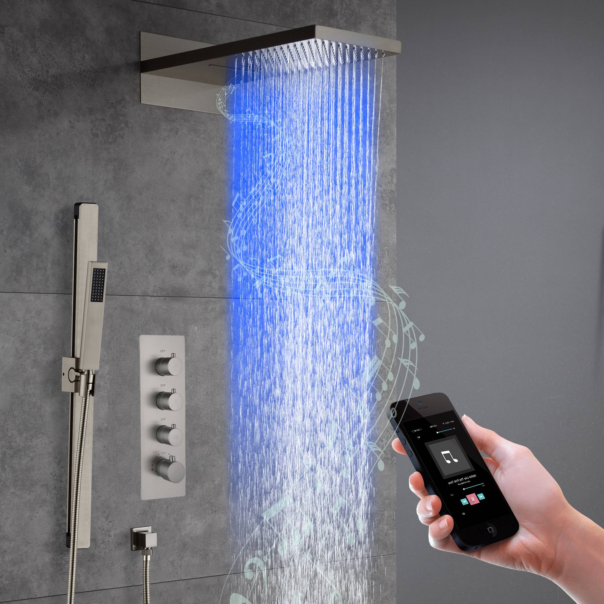 22-Inch Bluetooth Music 64 Led Lights 3-Way Thermostatic Shower Faucet with Rainfall, Waterfall, and Sliding Bar,4 Finishes Available - Image 19