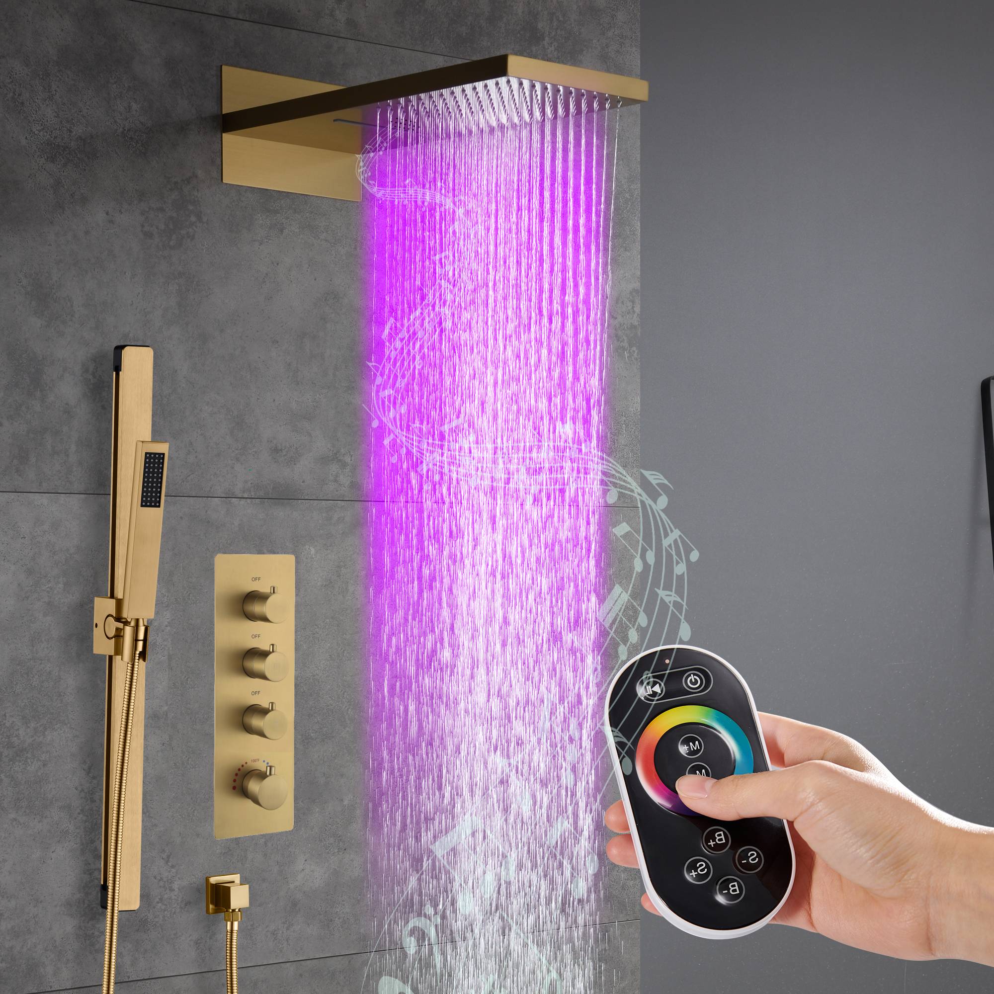 22-Inch Bluetooth Music 64 Led Lights 3-Way Thermostatic Shower Faucet with Rainfall, Waterfall, and Sliding Bar,4 Finishes Available - Image 22