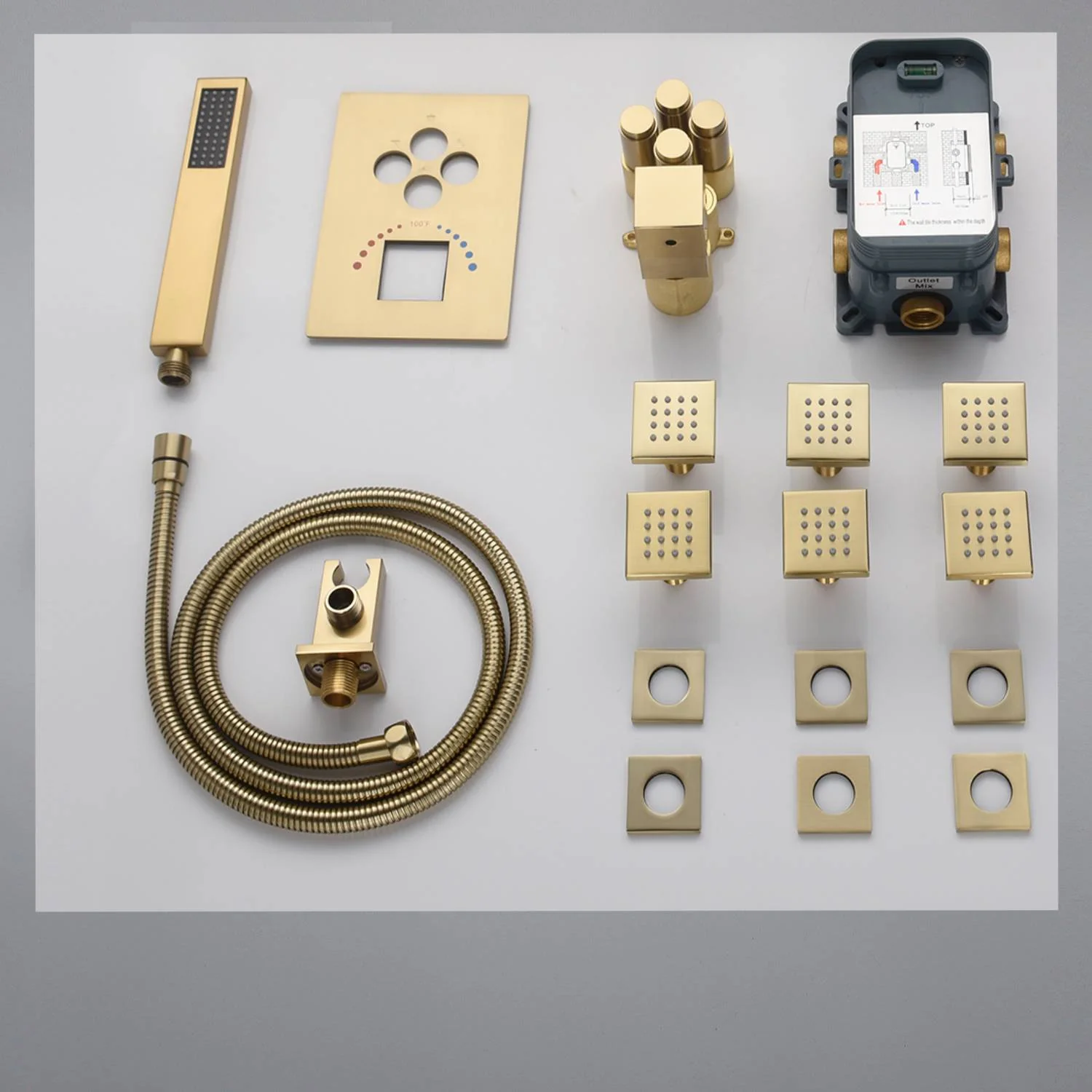 Brushed Gold 4-Way Thermostatic Shower Faucet System: Choose 12'' or 16'' Dual Ceiling Mount Shower Heads, with Body Jets and Both Simultaneous and Separate Functionality - Image 8
