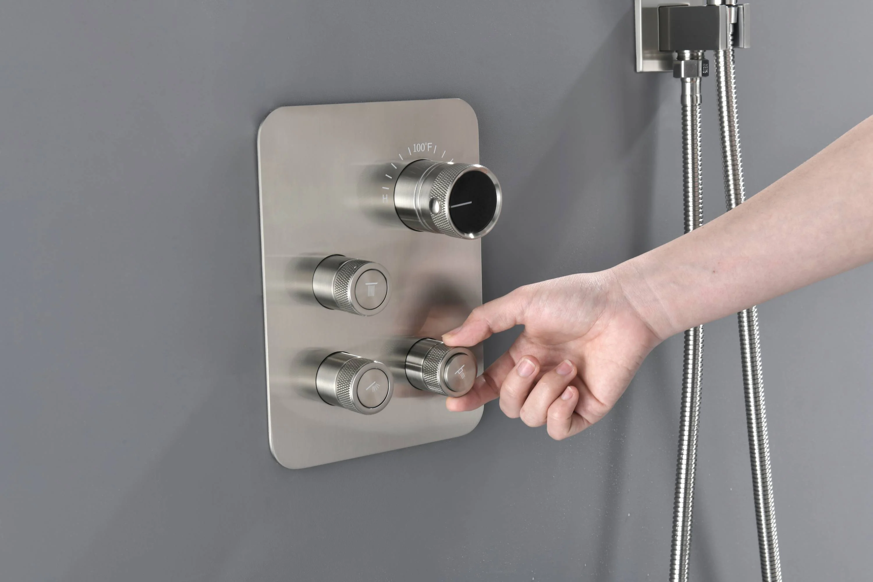 Brushed nickel rainfall shower head high pressure shower head 3 way thermostatic valve shower heads systems each function work at the same time and separately - Image 14