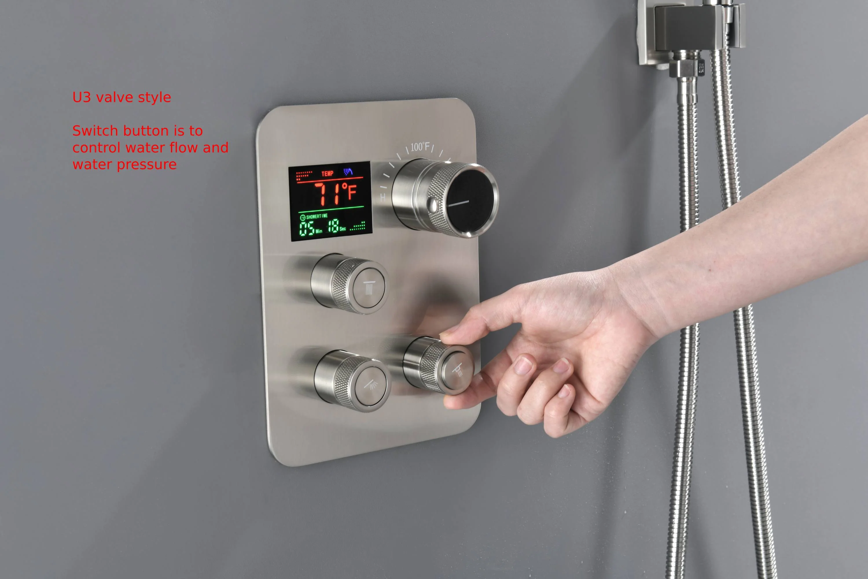 Brushed nickel rainfall shower head high pressure shower head 3 way thermostatic valve shower heads systems each function work at the same time and separately - Image 16