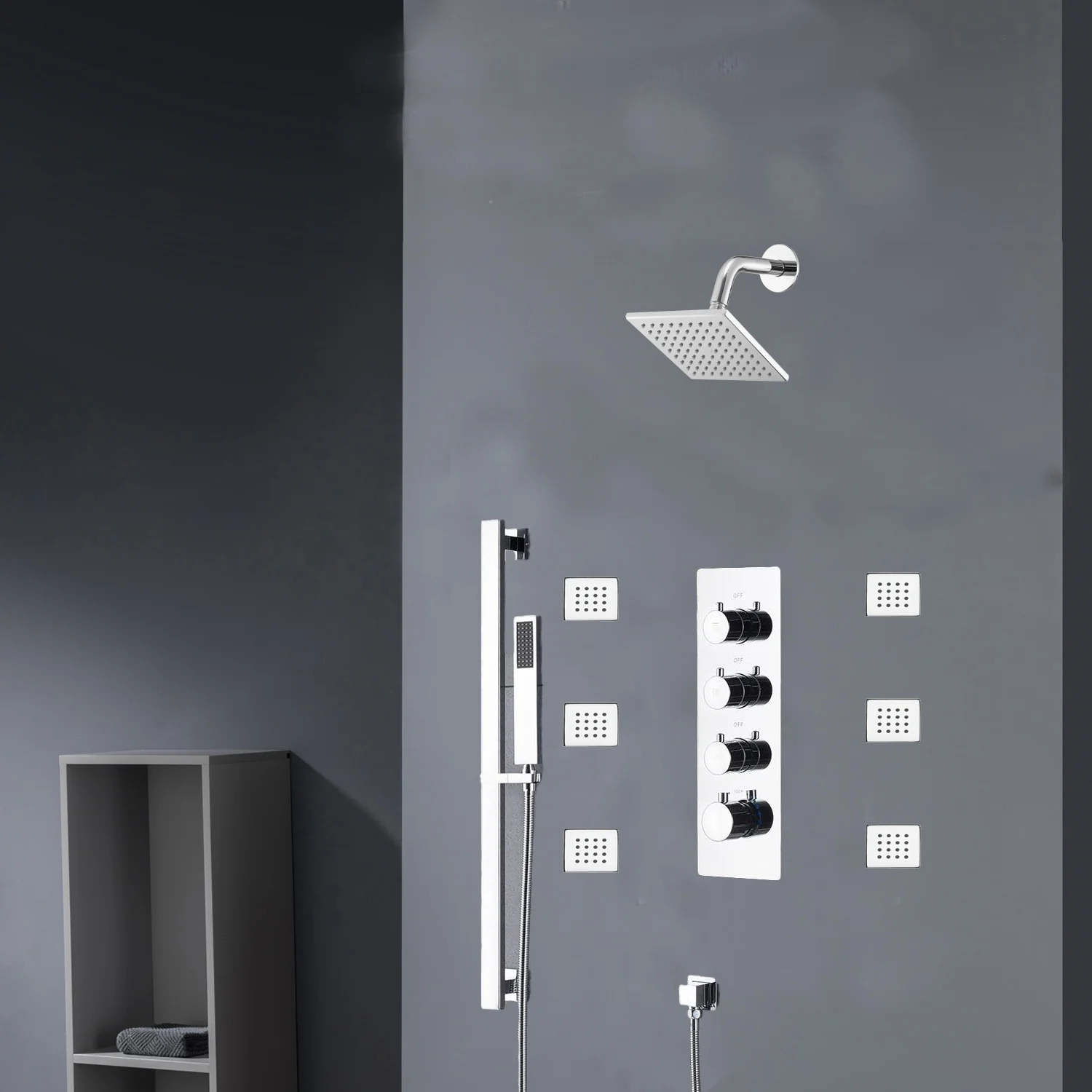 Chrome 12inch LED light or 6 inch regular head Wall mount 3 way thermostatic shower faucet with 6 body jets and sliding bar - Image 16