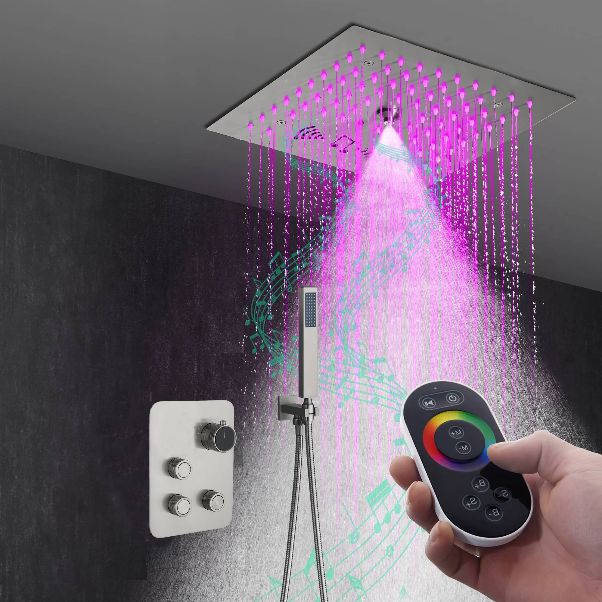 Flushed mount 12 inch 64 LED colors light Brushed gold Bluetooth Music 3 ways Shower Faucet - Image 9